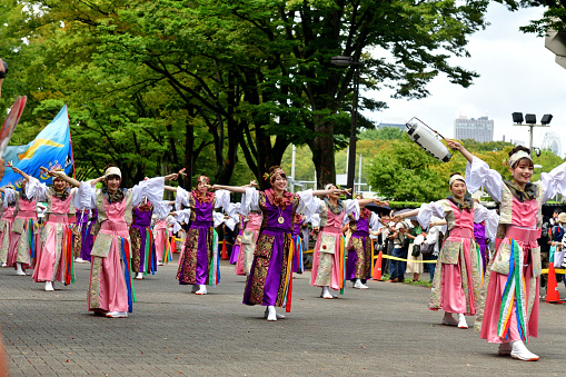 Tokyo, Japan-August 27, 2023:\nHarajuku-Omotesando Genki Matsuri Super Yosakoi was held in Harajuku and Yoyogi Park area, Tokyo, on the last weekend of August this year. Men and women, young and old, performed very vibrant dancing in Super Yosakoi Parade..\nYosakoi is one of the most popular dance festivals in Japan, which originated in Kochi City, Shikoku Island, in 1954, and takes place for four days, including the eve of festival, from August 9 to 12 each year. Ever since, Yosakoi has become popular throughout Japan and Yosakoi festivals are now held all over, including Tokyo, throughout the year.