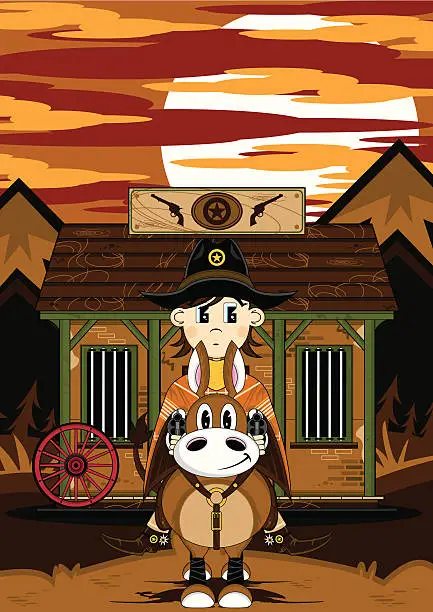 Vector illustration of Poncho Cowboy Sheriff & Horse Jail Scene