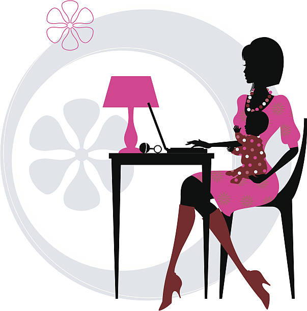 Mummy Blogger A stylish mum on her computer. Click below for more work and baby images. working at home study desk silhouette stock illustrations