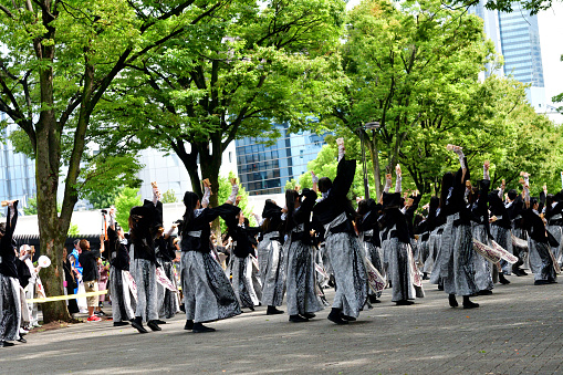 Tokyo, Japan-August 27, 2023:\nHarajuku-Omotesando Genki Matsuri Super Yosakoi was held in Harajuku and Yoyogi Park area, Tokyo, on the last weekend of August this year. Men and women, young and old, performed very vibrant dancing in Super Yosakoi Parade..\nYosakoi is one of the most popular dance festivals in Japan, which originated in Kochi City, Shikoku Island, in 1954, and takes place for four days, including the eve of festival, from August 9 to 12 each year. Ever since, Yosakoi has become popular throughout Japan and Yosakoi festivals are now held all over, including Tokyo, throughout the year.