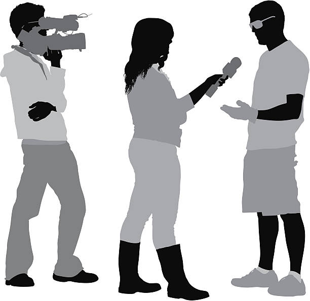 TV reporter taking interview of a man TV reporter taking interview of a manhttp://www.twodozendesign.info/i/1.png interview event silhouettes stock illustrations