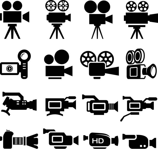 ilustraciones, imágenes clip art, dibujos animados e iconos de stock de película de cámara, nuevas y viejas & conjunto de iconos en blanco y negro - cámara ilustraciones