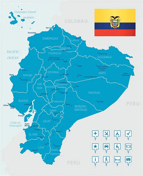 Vector illustration of A blue map of Ecuador with a flag in the corner