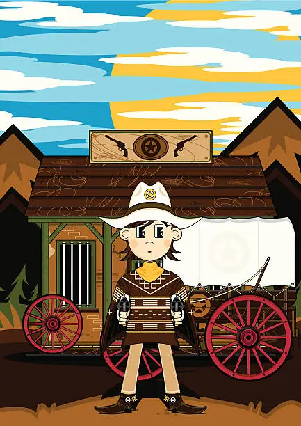 Vector illustration of Poncho Cowboy & Jail with Wagon