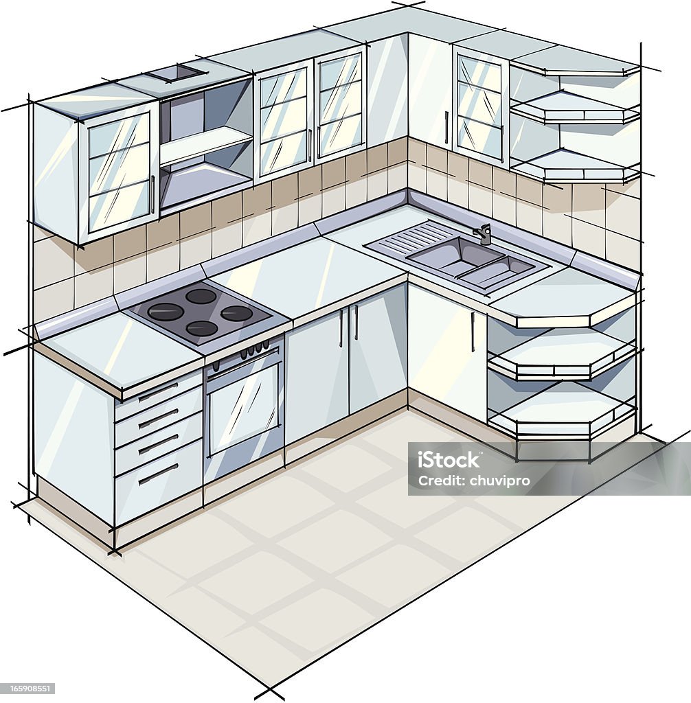 Color sketch of a Modern kitchen suite in gray colors Color sketch of a Modern kitchen suite in gray colors. Kitchen stock vector