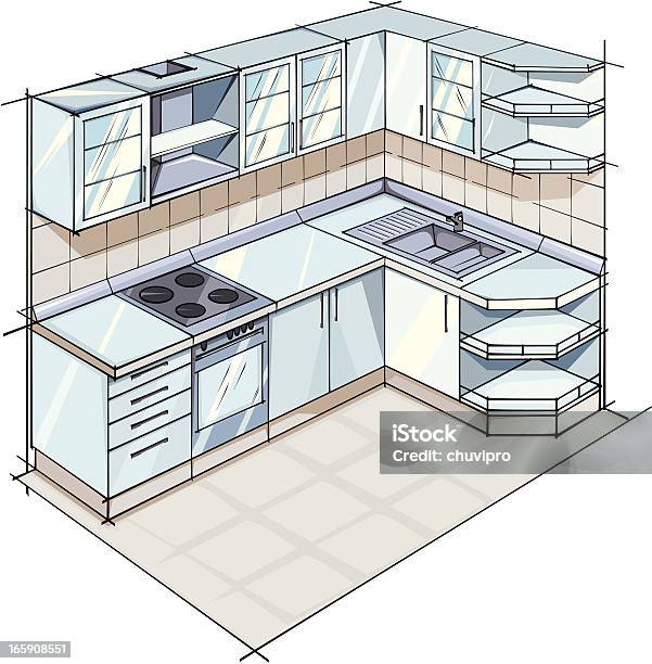 Color Sketch Of A Modern Kitchen Suite In Gray Colors Stock Illustration - Download Image Now