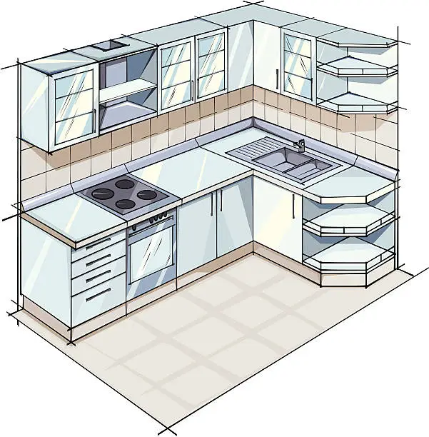 Vector illustration of Color sketch of a Modern kitchen suite in gray colors