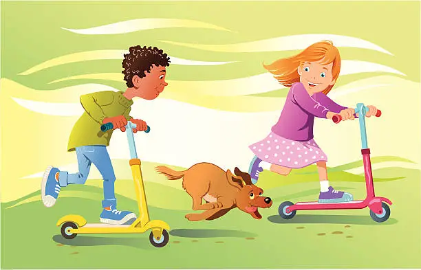 Vector illustration of Boy and Girl Racing on Scooters