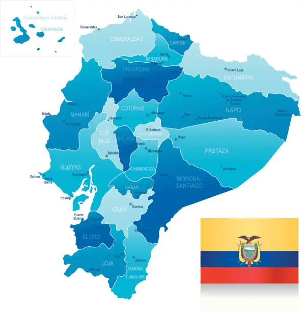 Vector illustration of Map of Ecuador - states, cities and flag