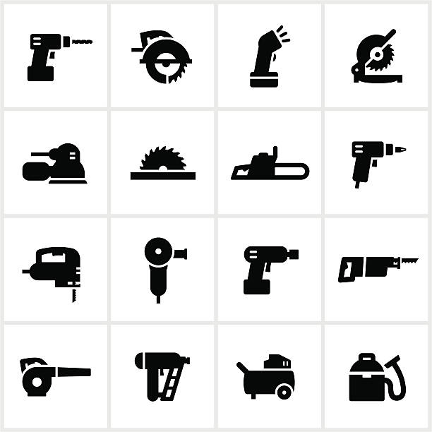 Black Power Tools Icons Power tools. All white strokes/shapes are cut from the icons and merged allowing the background to show through. hand saw stock illustrations