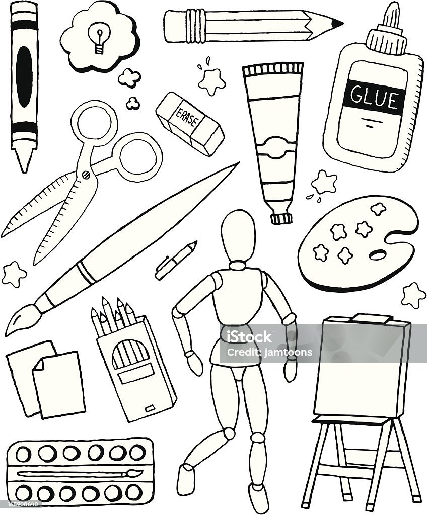 Art Doodles An art-themed doodle page. Art and Craft Equipment stock vector