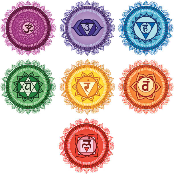 Seven chakra Sgin Seven colorful Chakra, all different layer and very easy to edit. om symbol stock illustrations