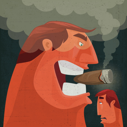 vector illustration of sad man facing to big cigar smoking manaA|.