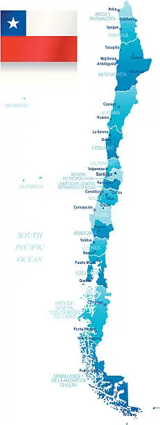 Vector illustration of Map of Chile - states, cities and flag