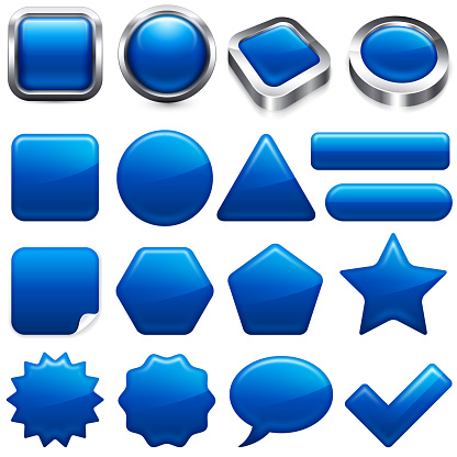 Blank Blue buttons. Blank Blue buttons app and interface computer icons are on white background. There are a total of seventeen unique button design in this illustration. The top row has 3D square and round buttons with shiny metallic silver frame. The lower part of the image includes vector buttons of various shapes and sizes; long button, star, star burst, dialogue speech bubble and check mark.