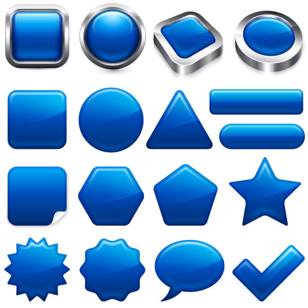 Blank Blue buttons app and interface computer icons Blank Blue buttons. Blank Blue buttons app and interface computer icons are on white background. There are a total of seventeen unique button design in this illustration. The top row has 3D square and round buttons with shiny metallic silver frame. The lower part of the image includes vector buttons of various shapes and sizes; long button, star, star burst, dialogue speech bubble and check mark. medium group of objects stock illustrations
