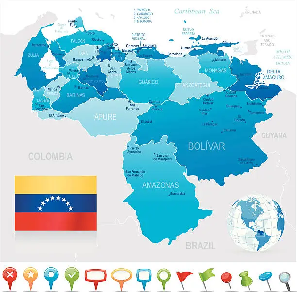 Vector illustration of Map of Venezuela - states, cities, flag and navigation icons