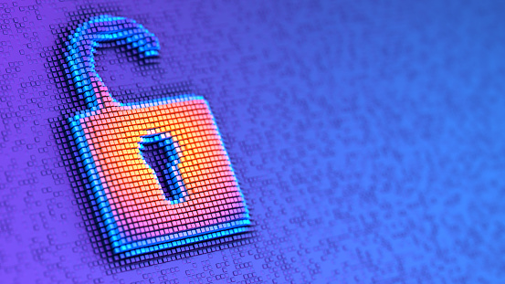Unlocked Digital Lock on the blue pixelated background. Encryption and safe your data. Cyber internet security and privacy concept. 3d illustration
