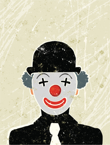 Office clown, A stylized vector cartoon of a Businessman with a bowler hat and a clown face, the style is  reminiscent of an old screen print poster, suggesting individuality, clowning around, humour,  or eccentricity. Man, hat, clown,paper texture and background are on different layers for easy editing. Please note: clipping paths have been used,  an eps version is included without the path.
