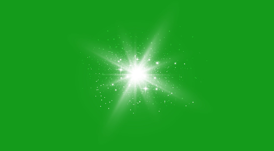 Effect of glowing star lights, flares, explosion and stars. Special effect isolated on transparent background. The effect of sparkling white dust on a green background. Flash vector. Len glitter