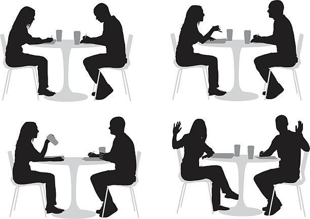 silhouette der paar in einem restaurant - built structure image type descriptive position face to face stock-grafiken, -clipart, -cartoons und -symbole