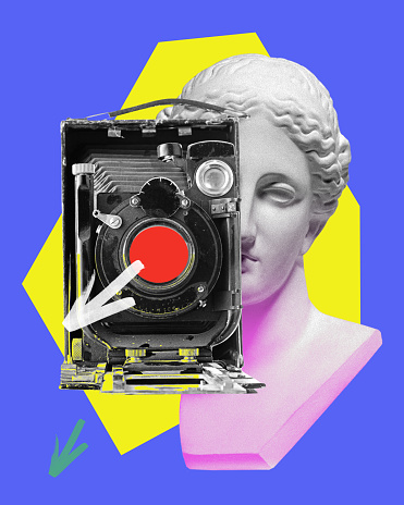 Antique statue bust with retro camera over blue background with abstract background. Filming industry. Contemporary art collage. Concept of retro and vintage, creativity. Banner, poster, ad