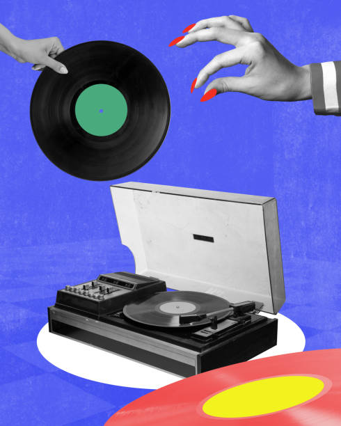 Female hands putting vinyl on record players over blue background. Classical music. Contemporary art collage. Concept of retro and vintage, creativity, . Banner, poster, ad