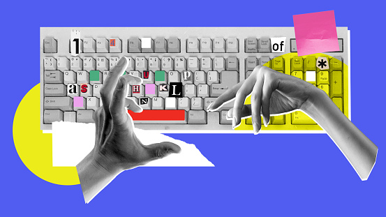Human hands typing on computer keyboard, creating stories. Journalism and mass media. Contemporary art collage. Business and profession, retro, vintage, occupation concept. Banner, poster, ad