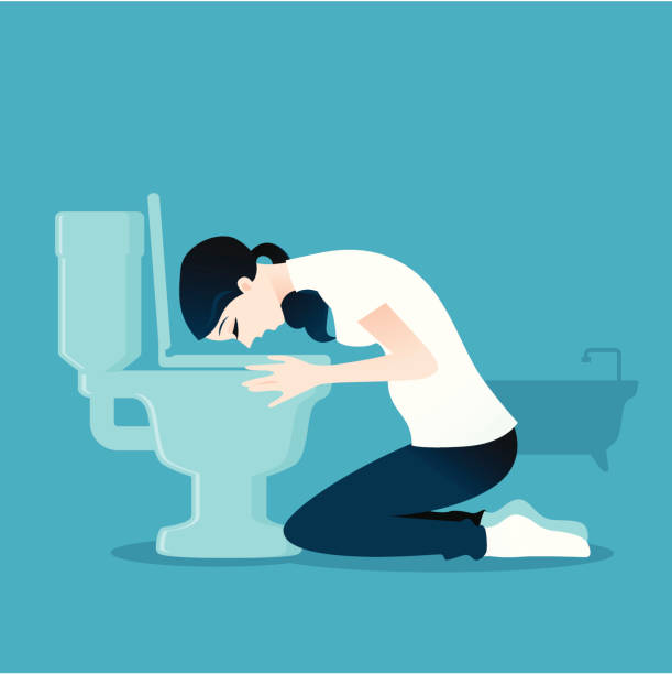 Pregnancy Morning Sickness Pregnancy Morning Sickness during first trimester. A pregnant lady throwing up by the toilet in the bathroom. white t shirt silhouette stock illustrations