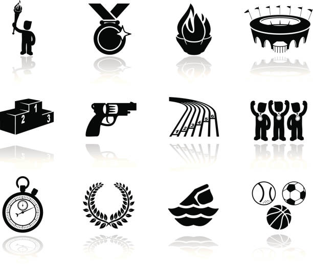 Summer Sports Icons Black summer sporting equipment icons. Sports icons including tennis, running, athletics, football, basketball, swimming, stadium, medal, starters pistol, winners podium, stopwatch, wreath icons. All icons are independently useable/editable. starting gun stock illustrations