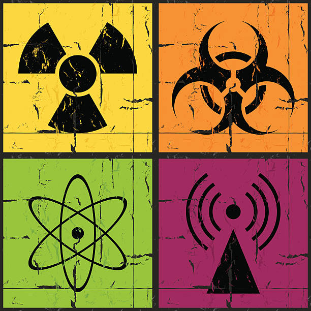 ilustrações, clipart, desenhos animados e ícones de catástrofe conjunto de ícones de grunge - toxic waste biochemical warfare biohazard symbol dirty