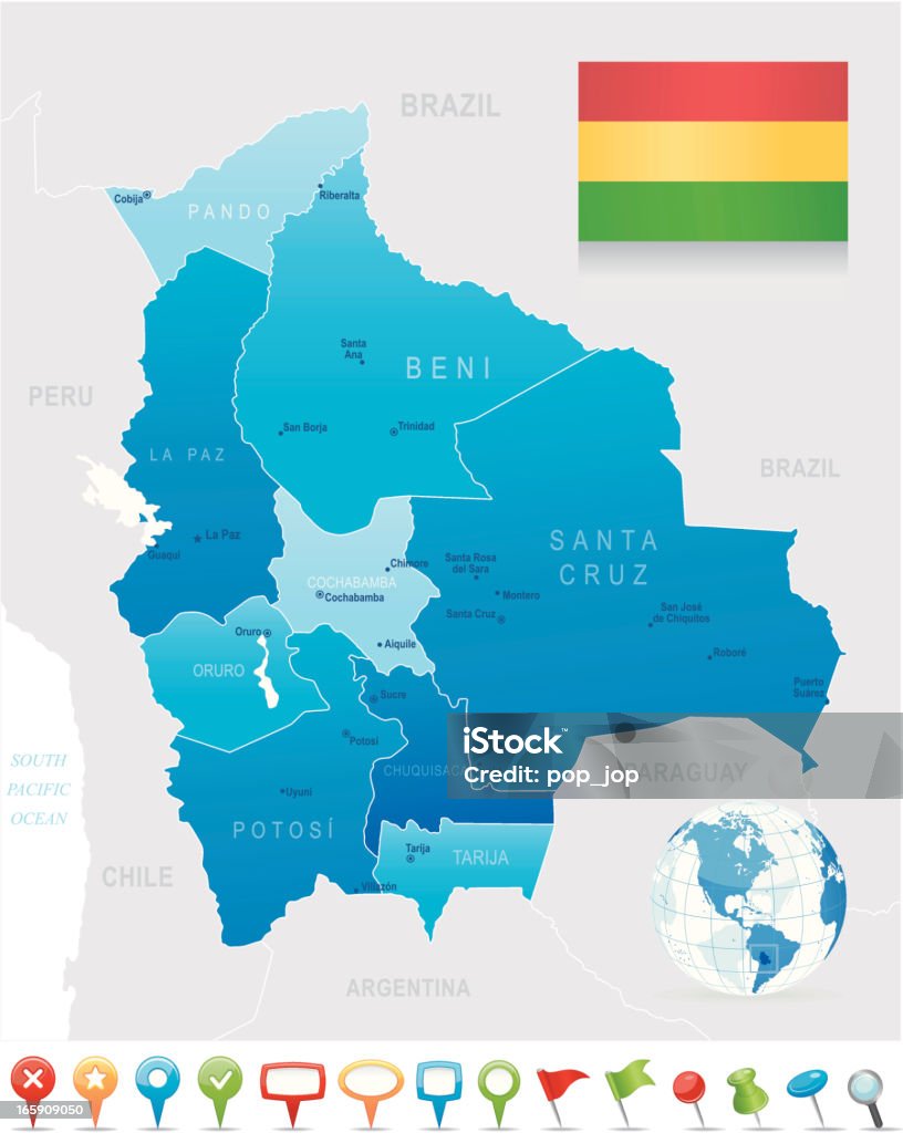 Mapa da Bolívia-Membros, cidades, bandeira e ícones de navegação - Royalty-free Oruro arte vetorial