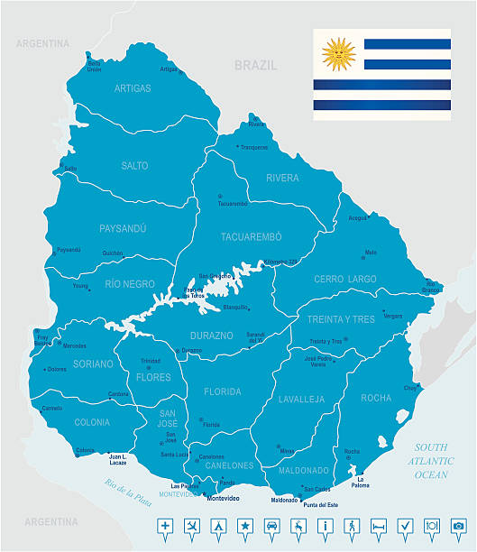 맵 우루과이-주, 도시, 플래그 및 탐색 아이콘 - uruguay stock illustrations