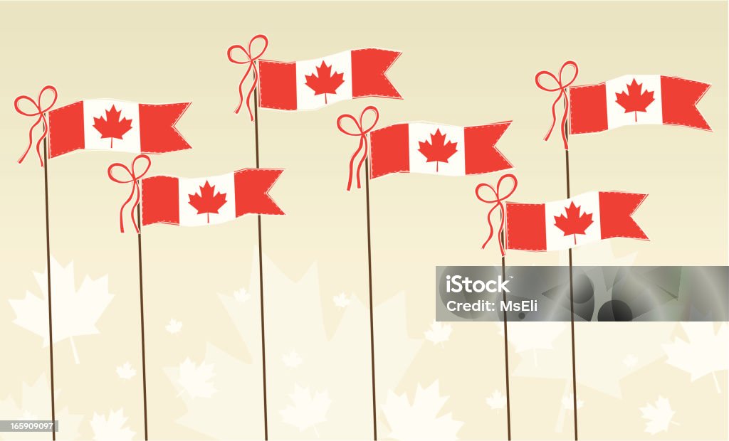 Canadian flag pennants Whimsical retro-styled illustration of the Canadian flag as pennants. Background has light silhouettes of the maple leaf symbol. AI CS4 and large jpg included. Ribbon can be removed. All elements labeled and organized on separate layers for easy color changes and item separation. Gradient on background. Canada stock vector