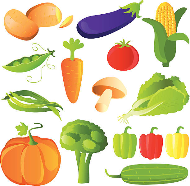 Vegetables Icons Vegetables icons includes Green Peas, String Beans, Potato, Corn, Eggplant, Pepper, Tomato, Mushroom, Lettuce, Pumpkin, Brocolli and Cucumber runner bean stock illustrations