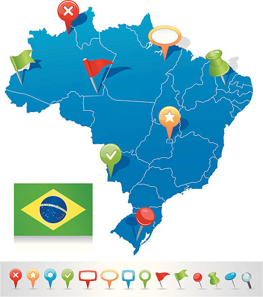 map of brazil with navigation icons - santos 幅插畫檔、美工圖案、卡通及圖標