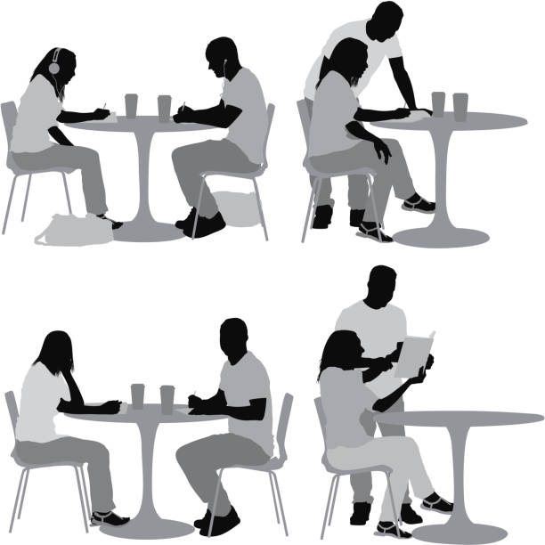 Multiple images of couple in a restaurant Multiple images of couple in a restauranthttp://www.twodozendesign.info/i/1.png restaurant table side view stock illustrations