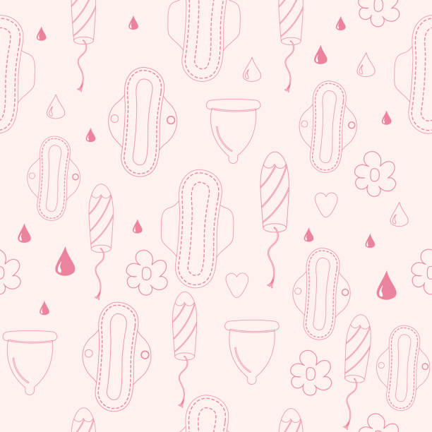 ilustraciones, imágenes clip art, dibujos animados e iconos de stock de patrón sin costuras contorno rosa menstruación período mujer compresa, tampón, copa menstrual - seamless padding backgrounds wallpaper