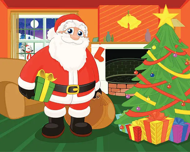 Vector illustration of Santa leaving Gifts on Christmas Eve