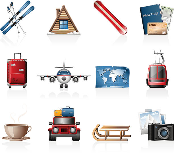 illustrations, cliparts, dessins animés et icônes de icônes de vacances d'hiver - ski travel symbol suitcase