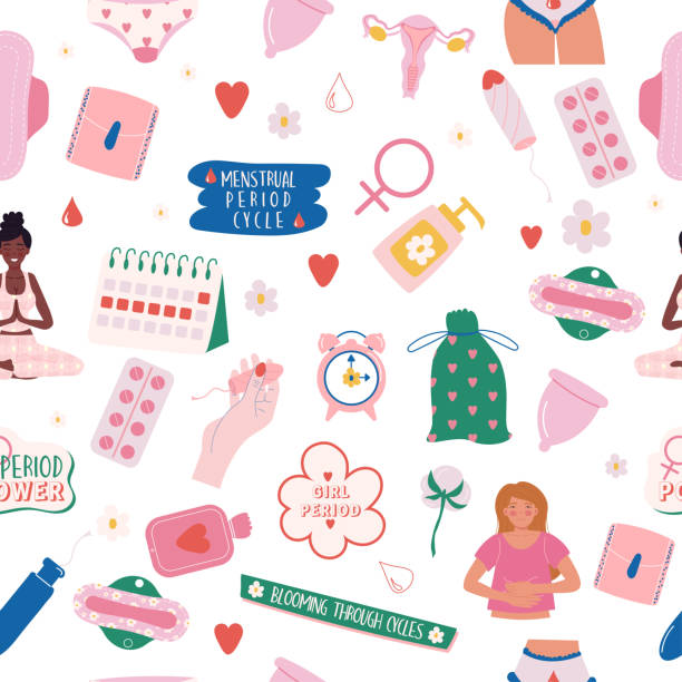 ilustraciones, imágenes clip art, dibujos animados e iconos de stock de patrón continuo del período de menstruación de la mujer - seamless padding backgrounds wallpaper