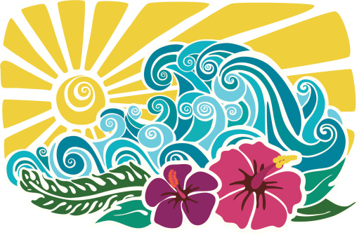 Hawaiian motif with sunset, waves, hibiscus and foliage.