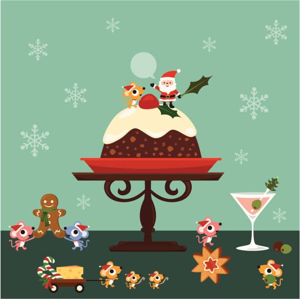 santa preparing Christmas pudding with mouses vector art illustration