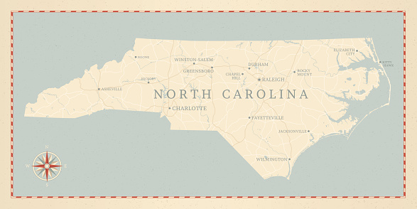 A vintage-style map of North Carolina with freeways, highways and major cities. Shoreline, lakes and rivers are very detailed. Includes an EPS and JPG of the map without roads and cities. Texture, compass, cities, etc. are on separate layers for easy removal or changes. 