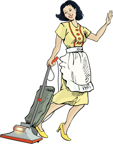 Retro house-cleaning illustration of a happy dark-haired woman vacuuming the floor with an old-style vacuum cleaner.