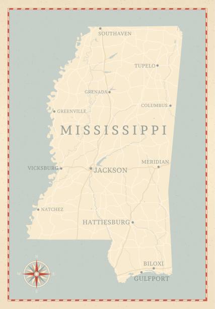Vintage-Style Mississippi Map A vintage-style map of Mississippi with freeways, highways and major cities. Shoreline, lakes and rivers are very detailed. Includes an EPS and JPG of the map without roads and cities. Texture, compass, cities, etc. are on separate layers for easy removal or changes.  vicksburg stock illustrations