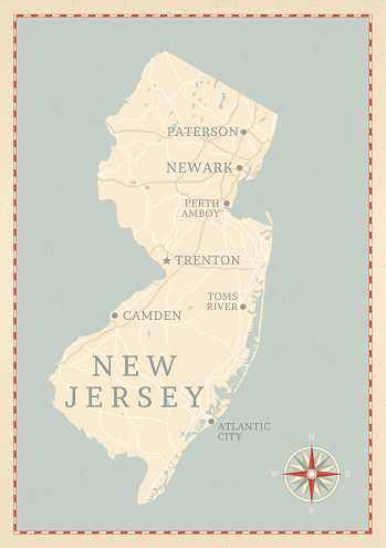 A vintage-style map of New Jersey with freeways, highways and major cities. Shoreline, lakes and rivers are very detailed. Includes an EPS and JPG of the map without roads and cities. Texture, compass, cities, etc. are on separate layers for easy removal or changes. 