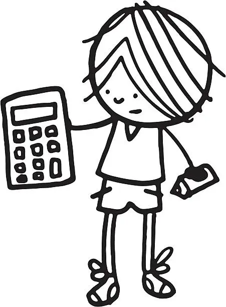 Vector illustration of Boy holding a calculator with pencil