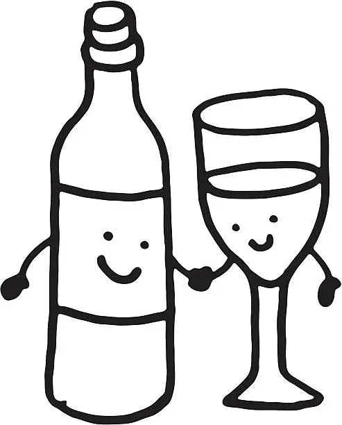 Vector illustration of Bottle of wine and glass character doodle