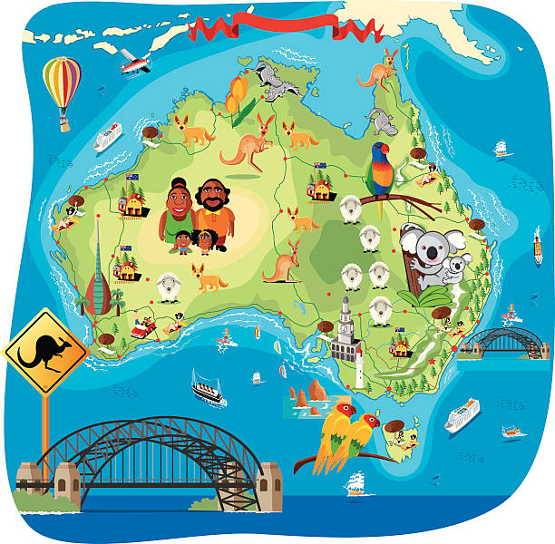 말풍선이 있는 호주 지도 - koala australian culture cartoon animal stock illustrations